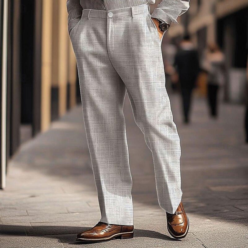 Men's Plaid Dress Pants Mid Waist Casual Outdoor Home Dailywear Zipper Pocket Straight Leg Trousers Summer Spring Fall 3D Print Light Grey