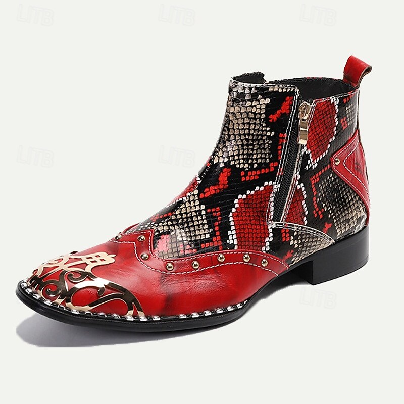 Men's Red & Black Snakeskin Leather Ankle Boots with Metallic Toe Cap and Side Zipper – Premium Cowhide Statement Footwear with Stud Accents3