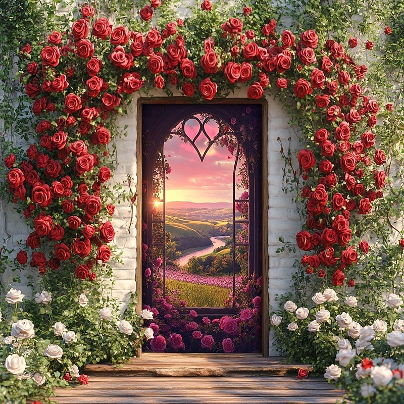 Wedding Outdoor Decorations Door Covers Door Tapestry Door Curtain Decoration Backdrop Indoor/Outdoor Door Banner for Front Door Farmhouse Window View Roses4