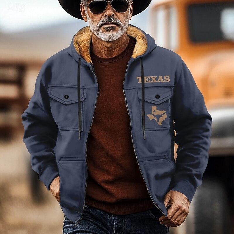 Men's Cowboy Fleece Hoodies Fashion Cool Long Sleeve Hooded Holiday Streetwear Black Blue Zipper Pocket Fall Winter Designer3