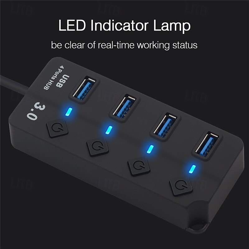 USB Hub 4 Port USB 3.0 Hub with Individual LED Switch Portable Adapter High Speed Expansion Multi USB Hub Splitter Adapter2