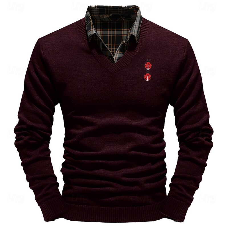 Christmas Men's Beetles Pullover Sweater Jumper V Neck Casual Outdoor Daily New Years Eve Sweater Embroidered Knitting Warm Long Sleeve Fall Winter Wine Black White3