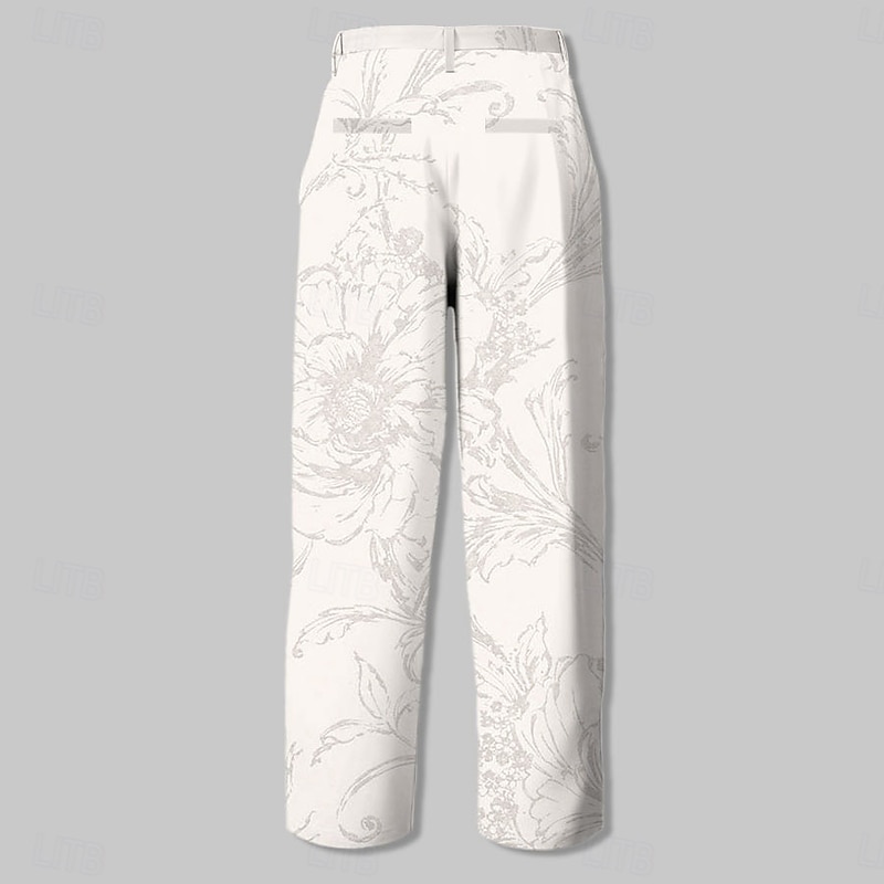 Men's Floral Dress Pants Mid Waist Fashion Casual Outdoor Home Dailywear Zipper Pocket Straight Leg Trousers Summer Spring Fall 3D Print White2