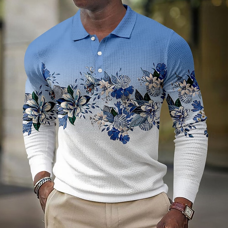 Men's Floral Print Waffle Polo Shirts Long Sleeve Polo Shirts Collared Shirts Casual Outdoor Party Evening Wear Streetwear Buttons Pink Blue Purple