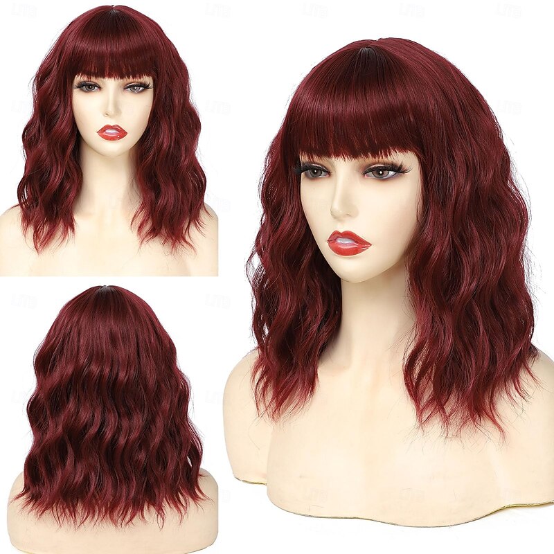 Short Wavy Wigs with Bangs for Women Curly Bob Wigs Shoulder Length Wigs for White Women Synthetic Heat Resistant Fiber Bangs Wigs Medium Length