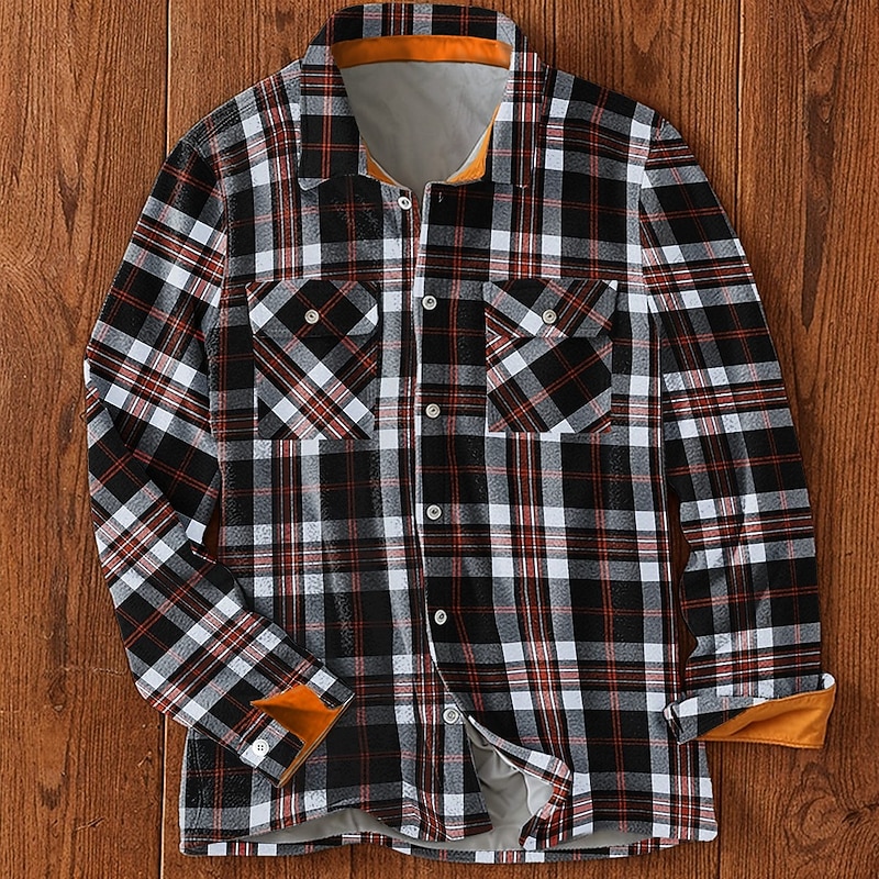 Men's Plaid Fleece Shirt Shirt Jacket Overshirt Long Sleeve Vintage Casual Outdoor Street Daily Wear Fall & Winter Turndown Collared Shirts Buttons 3D Print 2 Pockets Red Blue2