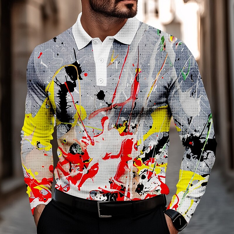 Men's Splash Ink Waffle Polo Shirts Golf Shirt Long Sleeve Polo Shirts Collared Shirts Casual Street Dailywear Athleisure Buttons 3D Print Spring Fall Winter Gray