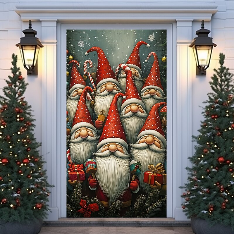 Christmas Door Decorations Door Covers Gnomes Xmas Door Tapestry Door Curtain Decoration Backdrop Indoor/Outdoor Door Banner for Front Door Farmhouse