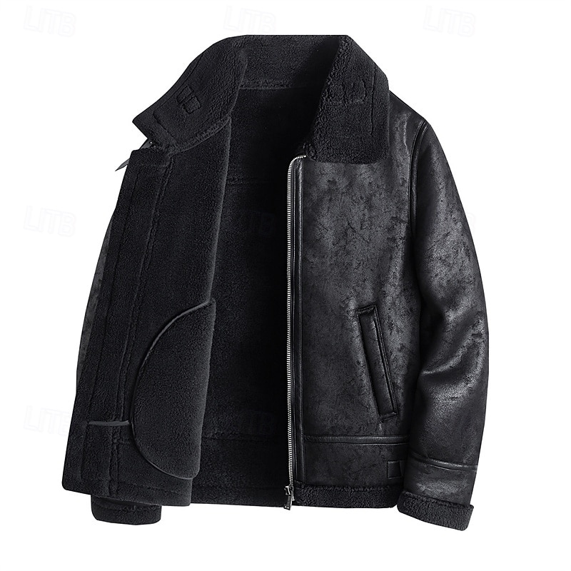 Men's Faux Leather Jacket Fleece Jacket Biker Jacket Motorcycle Jacket Daily Vacation Windproof Warm Pocket Fall & Winter Plain Fashion Classic Lapel Regular Black Khaki Coffee Jacket2