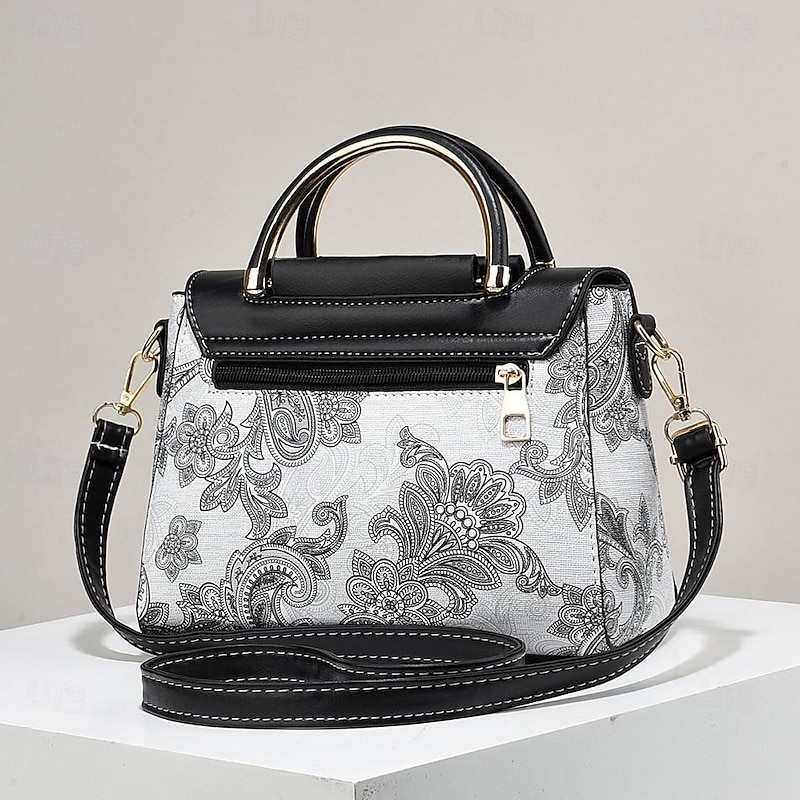 Women's Elegant Swan Pendant Handbag - Black and White Paisley Design with Gold Accents and Adjustable Strap4