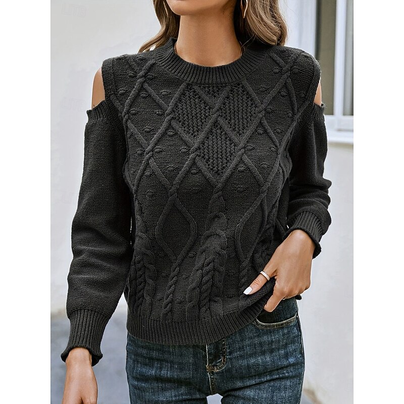 Women's Sweater Casual Soft Pure Color Cable Crew Neck Knitted Cold Shoulder Long Sleeve Regular Tops Knit Outdoor Daily Weekend Black Fall Winter2