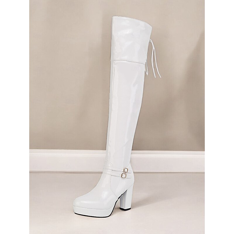 Women's Patent Faux Leather Thigh-High GoGo Platform Boots - Sleek Over-the-Knee Design with Block Heels and Buckle Detailing, Ideal for Parties and Fashion Statements2