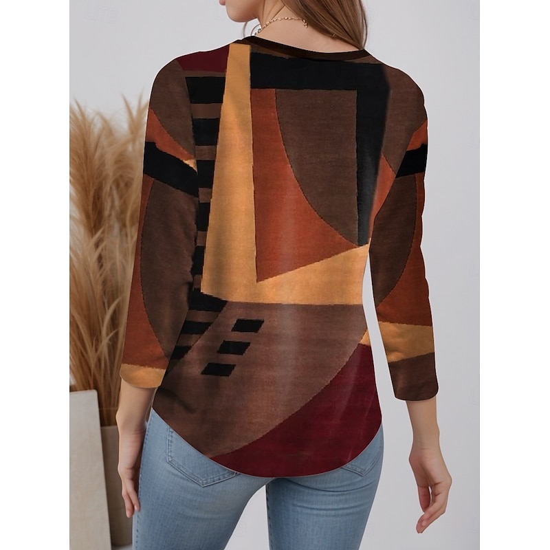 Women's T shirt Crew Neck Long Sleeve Tunic Geometric Modern Casual  Regular Tops Daily Weekend Print Light Brown Fall Winter2
