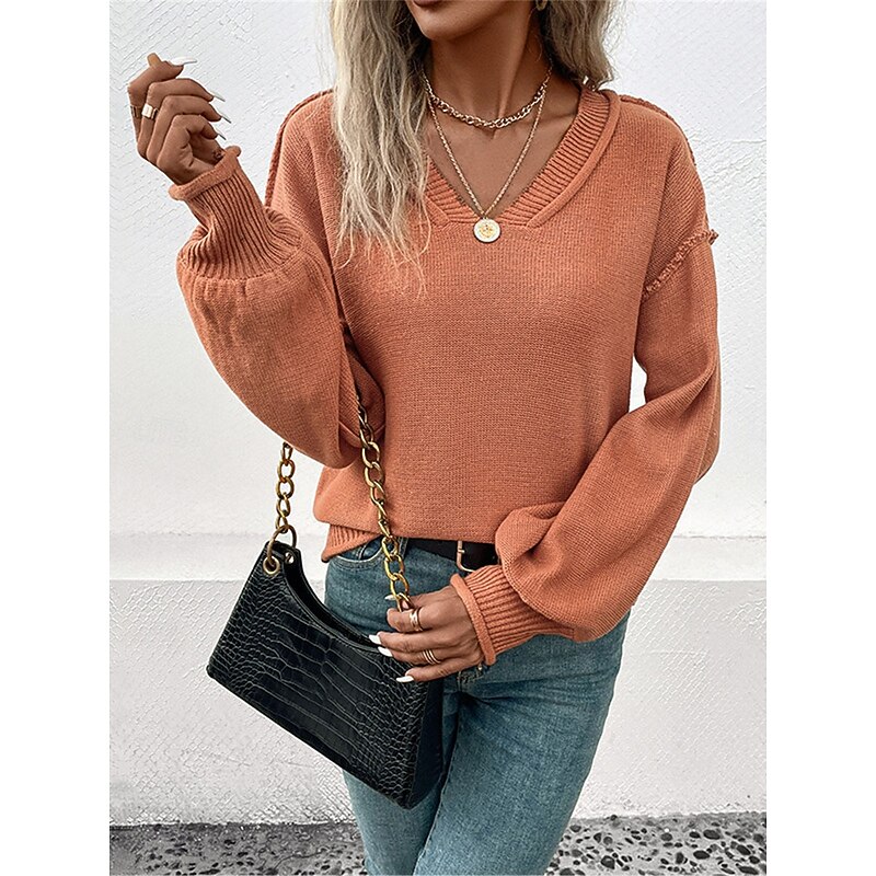 Women's Sweater Casual Soft Pure Color Ribbed V Neck Knitted Long Sleeve Regular Tops Knit Outdoor Daily Weekend Red Brown Fall Winter