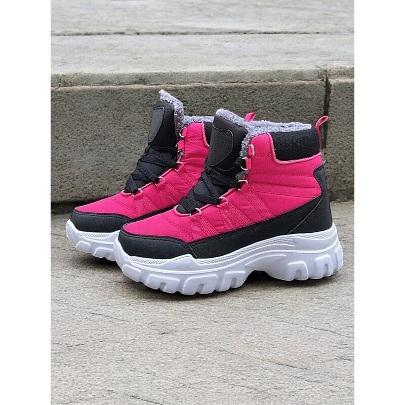 Women's Winter Pink and Black Lace-Up Snow Boots with Fur Lining and Chunky Sole – Stylish and Warm Footwear for Outdoor Adventures4
