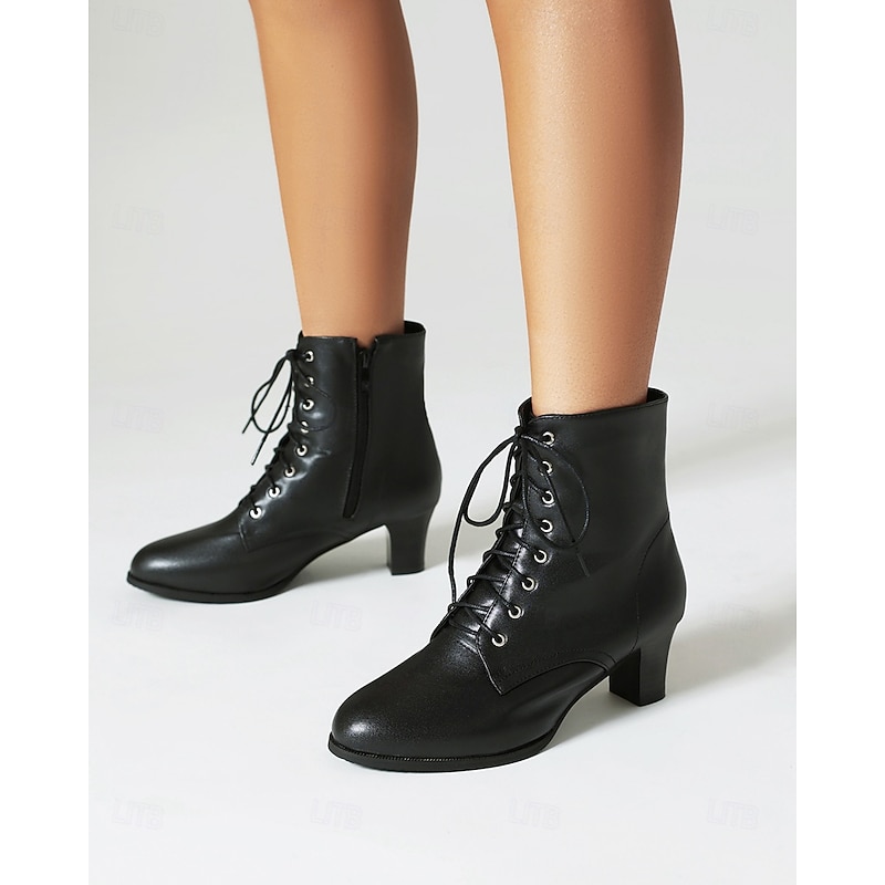 Women's Black Lace-Up High Heel Ankle Boots with Metal Eyelet Details and Sturdy Soles – Perfect for Chic and Versatile Outfits2