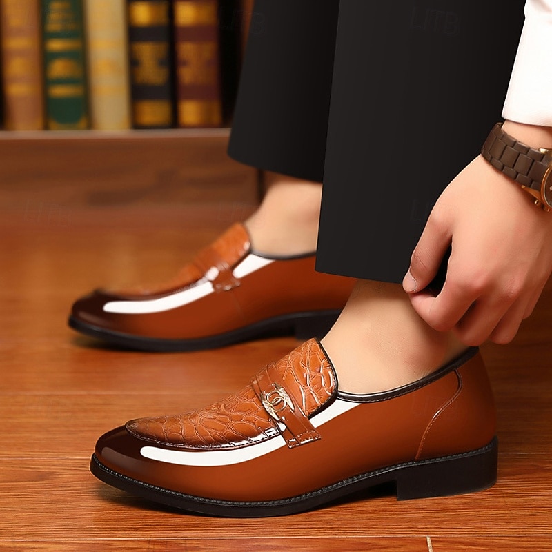 Men's Brown Patent Faux Leather Loafers – Crocodile Pattern Slip-On Dress Shoes with Metal Decoration for Formal and Business Attire4