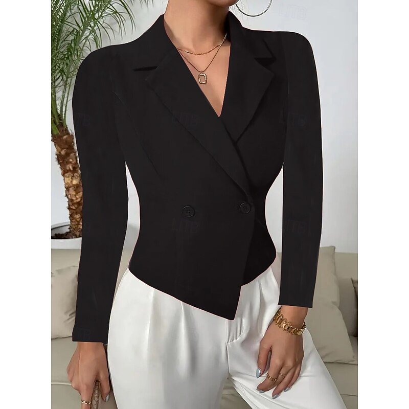Women's Blazer Buttons Solid Color Warm Fashion Regular Fit Outerwear Long Sleeve Winter Black S3