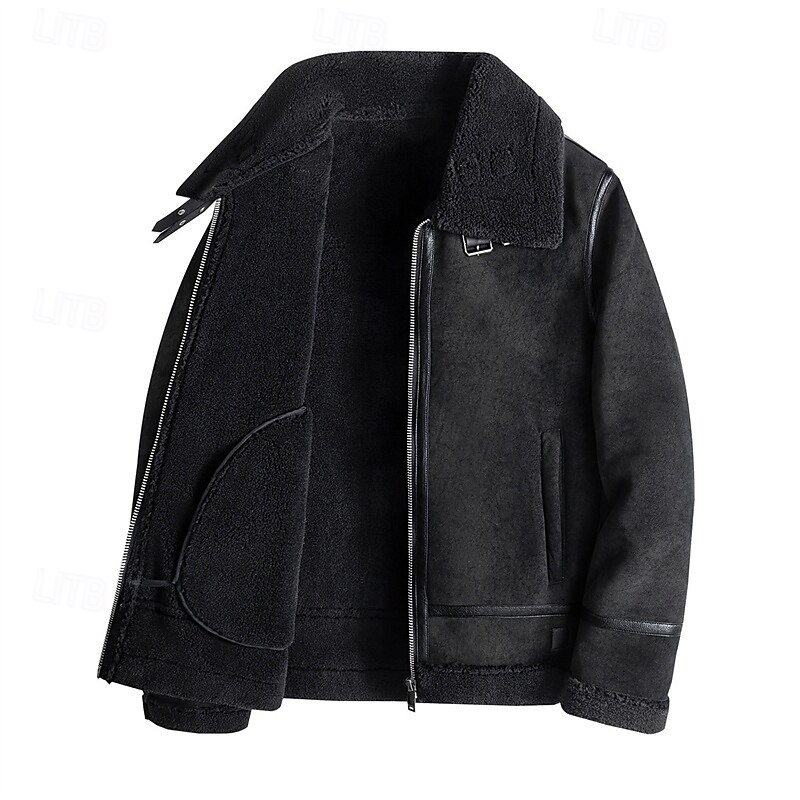 Men's Faux Leather Jacket Fleece Jacket Biker Jacket Motorcycle Jacket Daily Vacation Windproof Warm Pocket Fall & Winter Plain Fashion Classic Lapel Regular Black Beige Coffee Jacket2