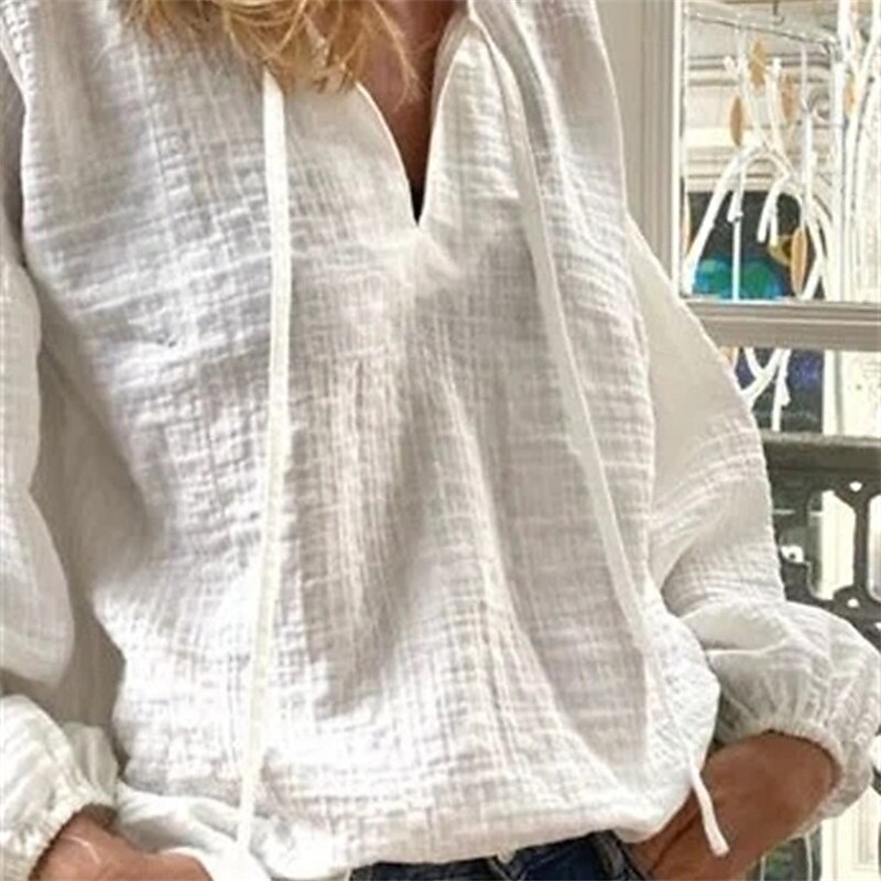 Women's Shirt Cotton Linen Shirt Vintage Long Sleeve Lantern Sleeve V Neck Going out White Spring &  Fall4