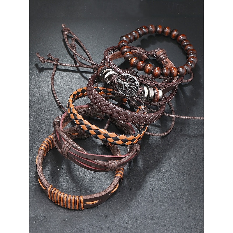Men's Leather Bracelet Set – Vintage Multilayer Braided Cuff with Beads and Tree of Life Charm for Casual and Bohemian Styles4