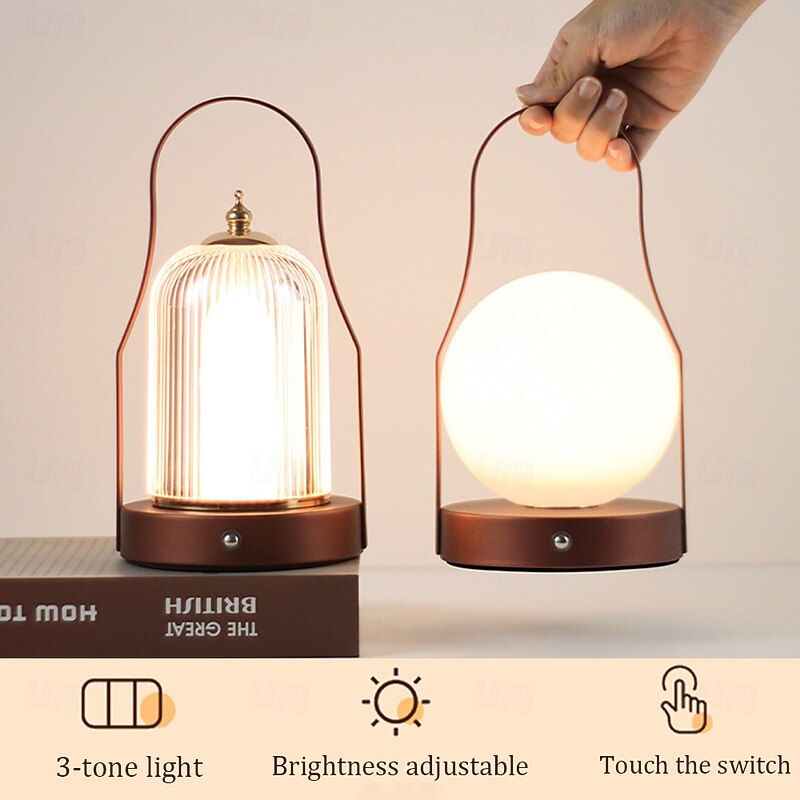 Portable Cordless Table Lantern Lamp, USB Rechargeable Beside Lamp, 3-Color Dimming Beside Table Lamps Waterproof Outdoor LED for Garden, Patio, Camping, Bar (Gold)3