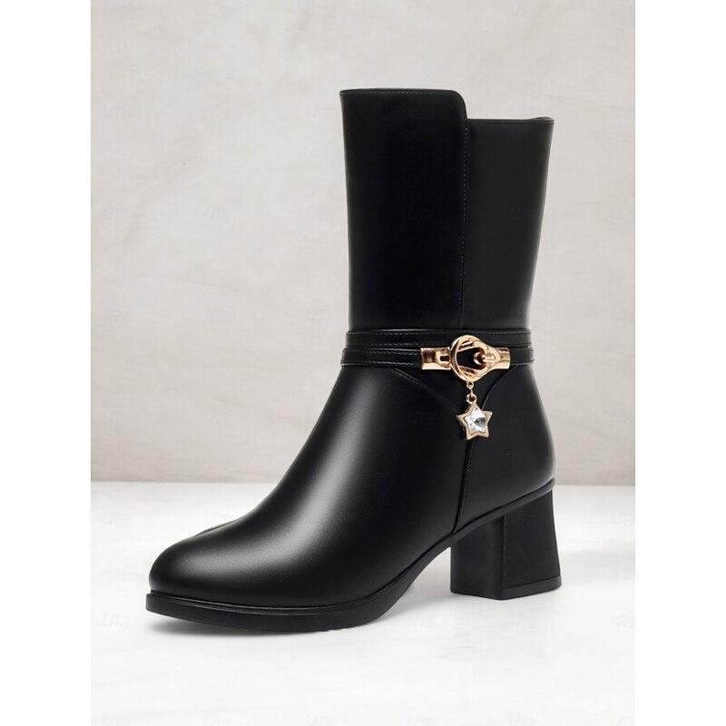 Women's Black Faux Leather Fur-Lined Mid-Calf Winter Boots with Star Charm and Block Heels – Elegant and Warm Footwear for Cold Weather3