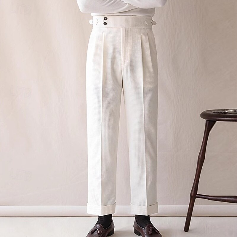Men's Dress Pants Trousers Pleated Pants Waffle Pants Gurkha Pants Pocket Plain Comfort Soft Full Length Wedding Party Business Elegant Fashion Black White3