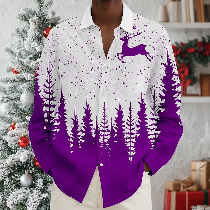 Christmas Men's Santa Claus Rudolph Shirt Beach Shirt Button Up Shirt Long Sleeve Hawaiian Casual Vacation Daily Fall Winter Spring & Summer Collared Shirts 3D Print Red Blue Purple Green Drak Red4