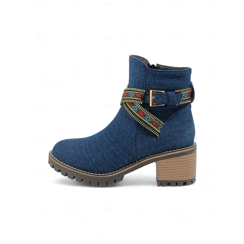 Women's Denim Ankle Boots – Boho Style with Embroidered Straps and Chunky Heel, Perfect for Casual and Festival Looks4