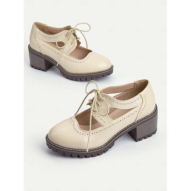 Women's Cream Lace-Up Oxford Shoes with Cut-Out Design and Chunky Sole – Vintage Casual Footwear for Everyday Wear - Main Image