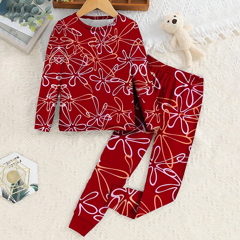 Girls' 3D Floral Graphic Christmas Pajamas Pajama Sets Tee & Pants Pajama Sets Long Sleeve 3D Print Fall Winter Active Basic Kids 4 years+ Crew Neck Home Daily Regular Fit2