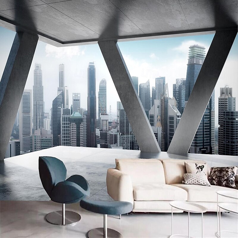 Geometric 3D Urban style Home Decoration Comtemporary Cartoon Wall Covering, Canvas PVC / Vinyl Material Adhesive required Mural, Room Wallcovering