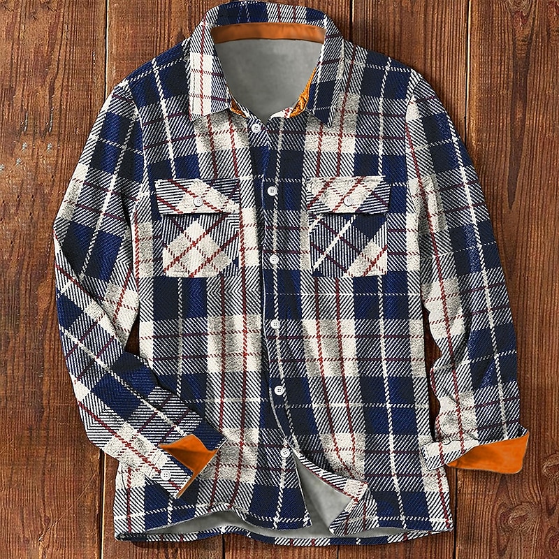 Men's Snowflake Flannel Shirt Shirt Jacket Overshirt Long Sleeve Casual Outdoor Street Fall & Winter Turndown Buttons Pocket Print Blue Brown