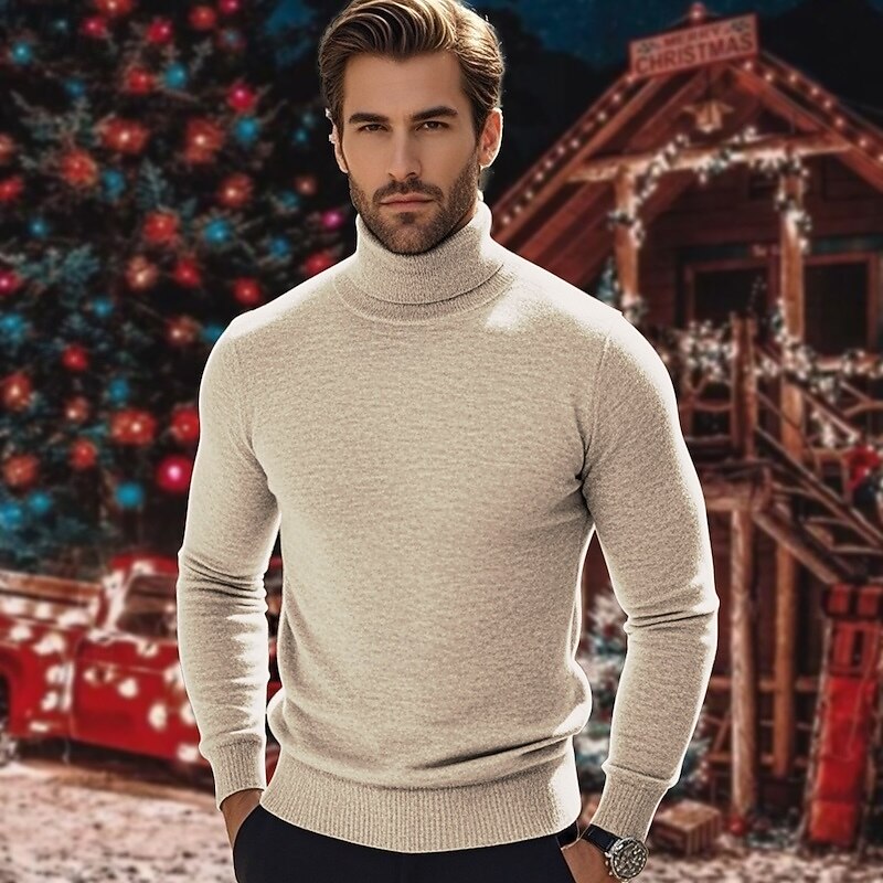 Men's Pullover Sweater Jumper Knit Sweater Ribbed Knit Regular Knitted Plain Turtleneck Fashion Casual Vacation Daily Wear Clothing Apparel Fall & Winter Camel Wine S M L4