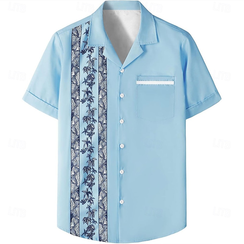 Men's Floral Trees / Leaves Bowling Shirt Button Up Shirt Short Sleeve Casual Athleisure Summer Spring Cuban Collar Button Up Pocket Blue