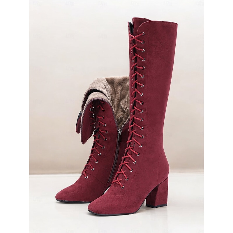 Women's Red Knee-High Lace-Up Boots with Block Heels & Plush Lining – Warm Winter Fashion Boots for Casual and Dressy Outfits