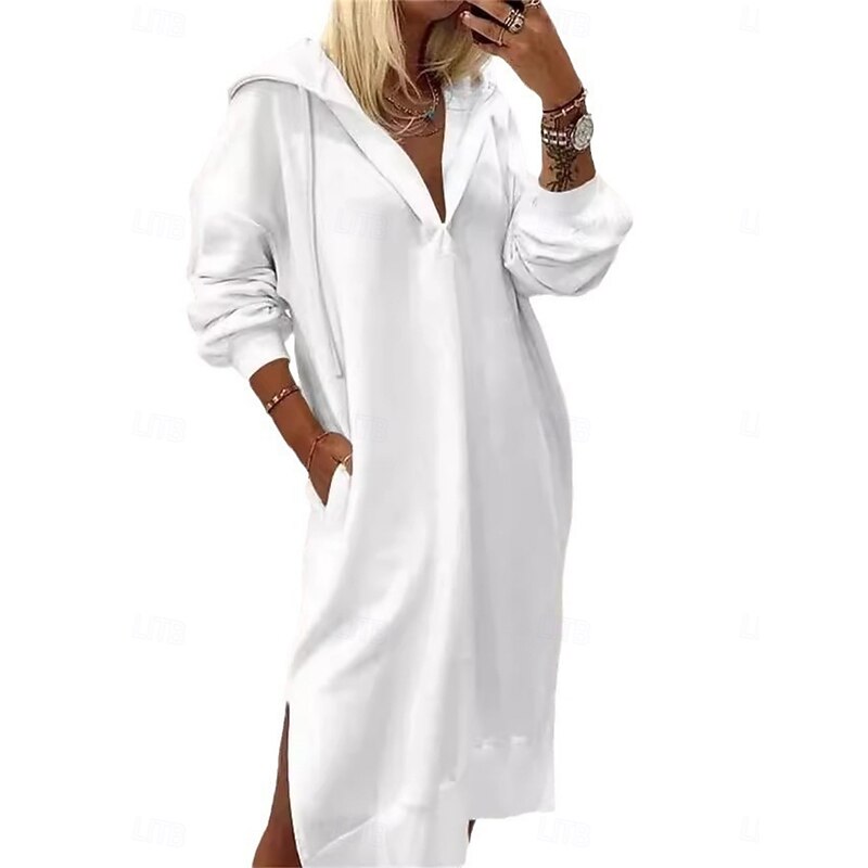 Women's White Dress Maxi Dress Pocket Split Casual Hooded Long Sleeve White Color2