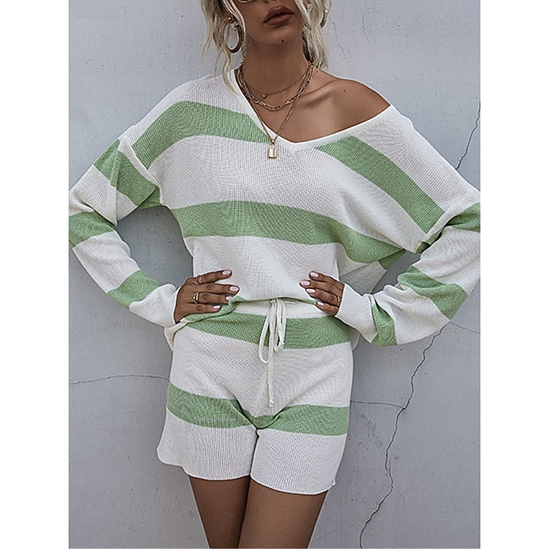 Women's Knit Two Piece Set Off-Shoulder Long Sleeve Drawstring Shorts Striped White Pastel Green Spring Autumn Casual Loungewear Comfortable Sizes4