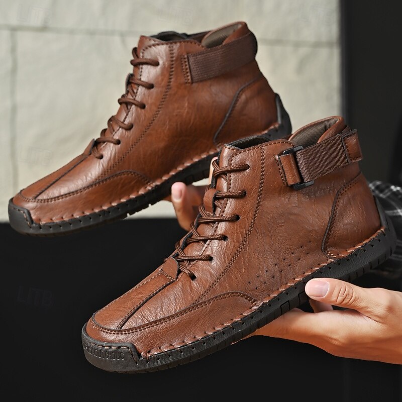Men's Brown Faux Leather Casual Ankle Boots - Lace-Up Design with Adjustable Strap and Non-Slip Sole for Everyday Comfort4