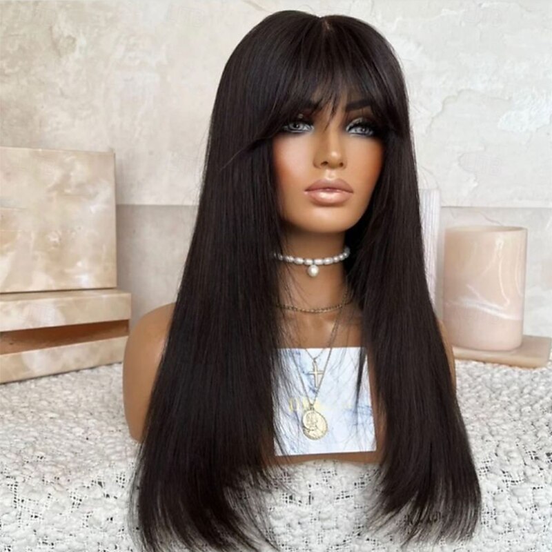 Human Hair 13x4 Lace Front Wig With Bangs Brazilian Hair Silky Straight Black Wig 130% 150% Density with Baby Hair 100% Virgin With Bleached Knots Pre-Plucked For Women Long Human Hair Lace Wig3