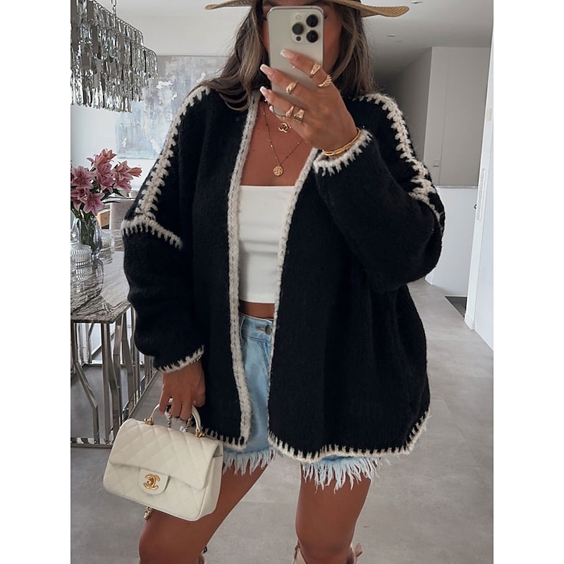 Women's Sweater Cardigan Casual Soft Pure Color Ribbed Open Front Patchwork Knitted Braided Long Sleeve Regular Tops Knit Outdoor Daily Weekend Black Pink Fall Winter3