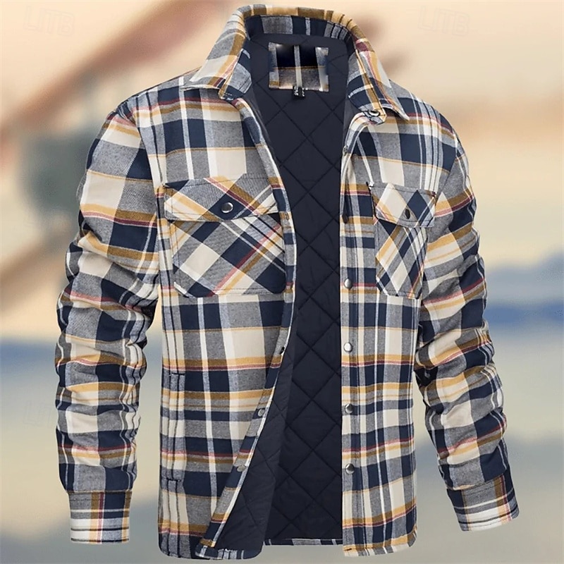 Men's Winter Jacket Padded Shacket Daily Vacation Thermal Warm Wearproof Pocket Fall & Winter Plaid Fashion Classic Lapel Regular Black Wine Navy Blue Sky Blue Orange Jacket4