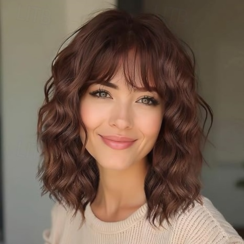 Wigs for Women Short Wavy Curly Bob Wig with Bangs Shoulder Length Synthetic Hair for Daily Party Use3