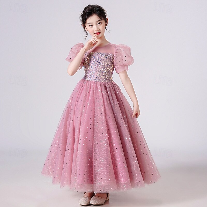Flower Girl Dress Kid's Girls' Princess Dress Performance Wedding Party Elegant Beautiful Mesh Solid Color Short Sleeve Crew Neck White Pink 4 years+