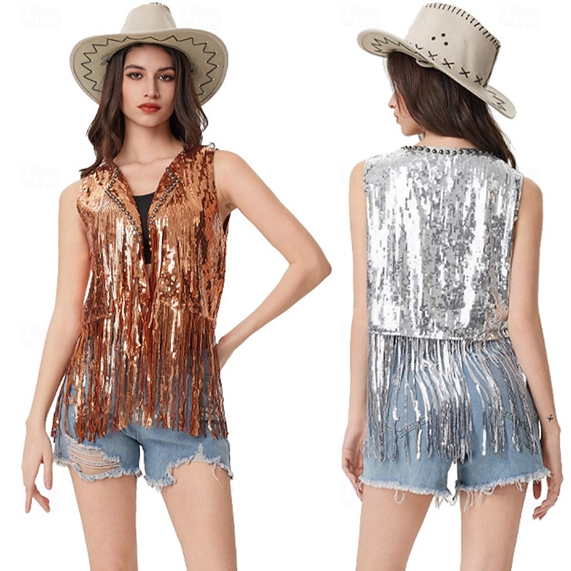 Retro Vintage 1960s 1970s Vest Hippie Disco Sequins Tassel Fringe Fancy Dress Women's Girls' Christmas Halloween Carnival Performance Event / Party Pride Parade Adults' Vest