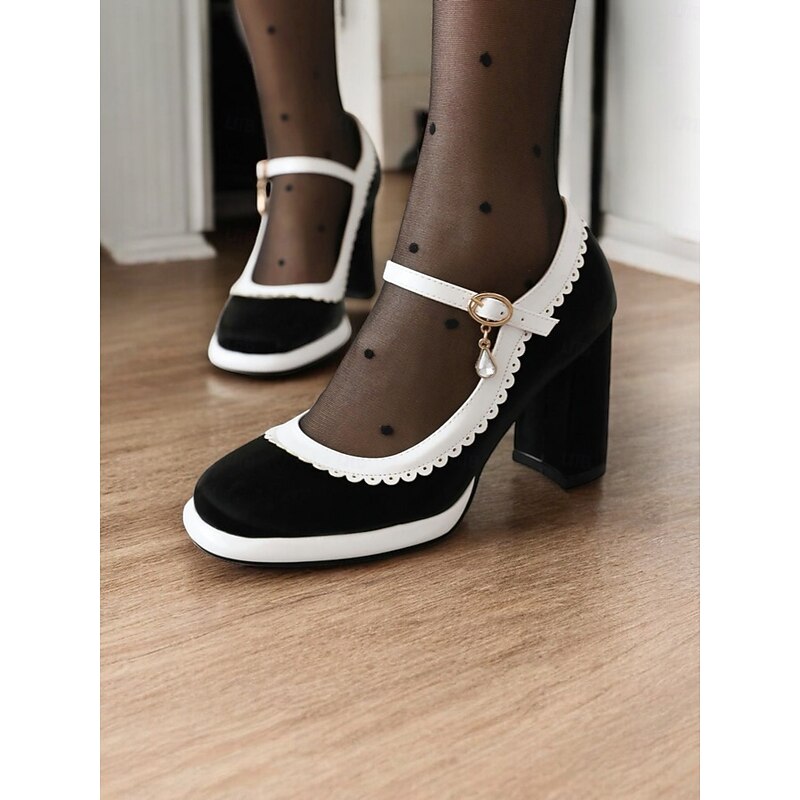 Women's Pink and White Mary Jane Heels with Decorative Buckle Strap and Block Heels – Retro-Inspired Shoes for Parties and Formal Occasions