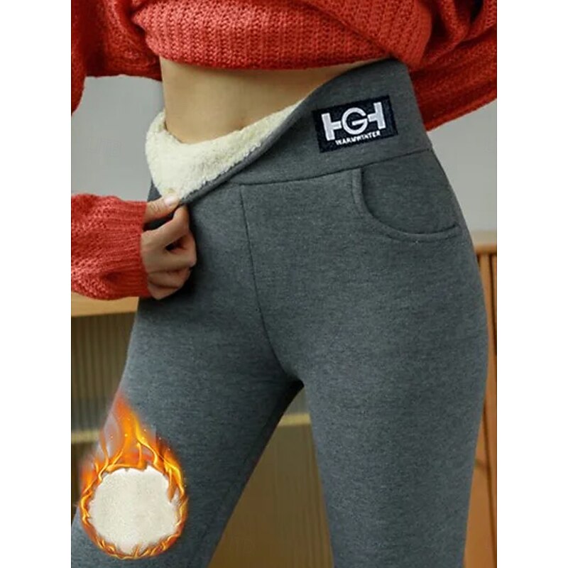 Women's Leggings Cozy Fleece Lined Cozy Leggings Fashion Comfort Full Length High Waist Solid Color Letter Patchwork Thermal Warm Soft Breathable Micro-elastic Outdoor Casual Daily Black Gray Fall