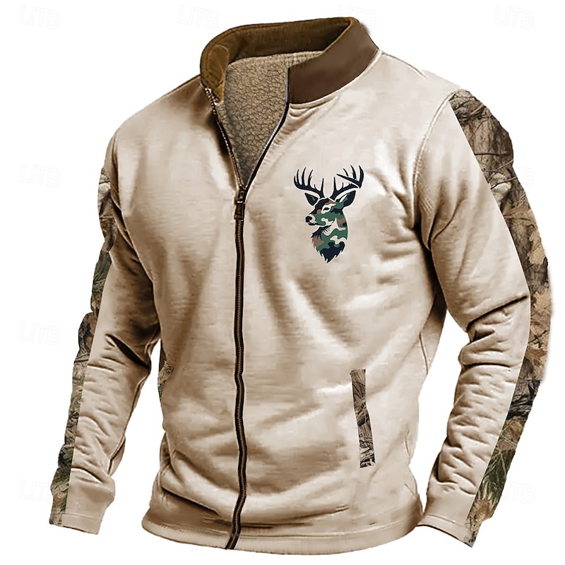 Men's Deer Sweatshirt Sweatshirt Zip Sweatshirt Long Sleeve Sweatshirt Stand Collar Zip Fashion Daily Simple Print Vacation Holiday Going out Pocket Front Zipper Winter4
