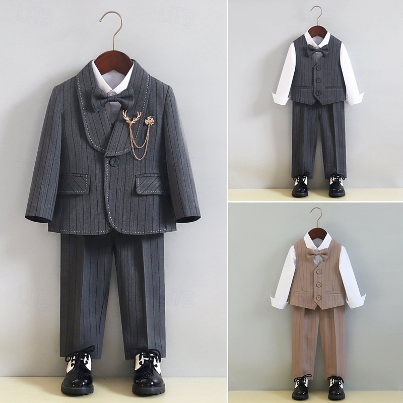 5 Pieces Ring Bearer Suit Boys Kids Suit Formal Suit Blazer & Vest & Pants & Brooch & Tie Formal Party Valentines Fashion Cool Solid Color Pocket Khaki Gray Polyester
